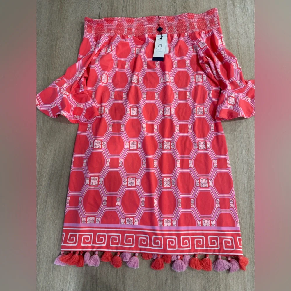 NWT Cabana Life Spring Regatta Off-the-Shoulder Smocked Dress Coverup Coral XL - Picture 2 of 16